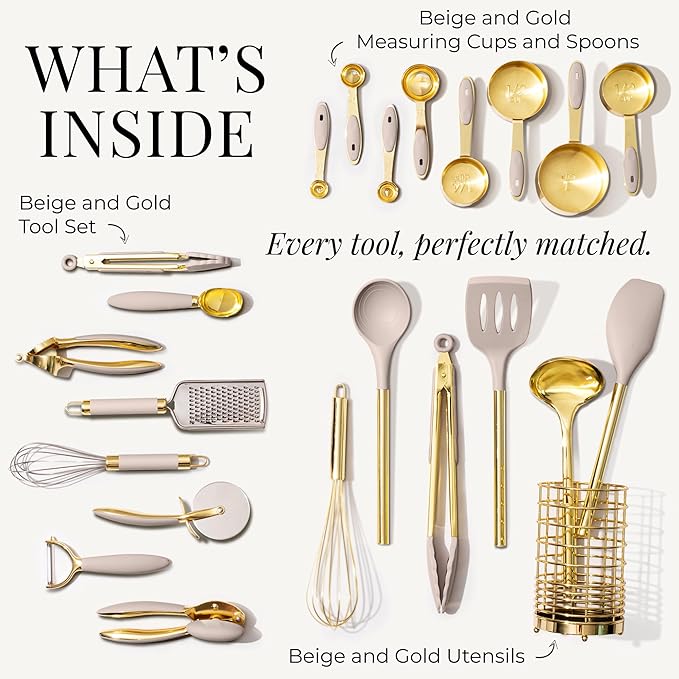 Styled Settings 23-Piece Beige and Gold Utensils Set – Silicone Nonstick Cooking Tools with Garlic Press, Can Opener, Measuring Cups, Utensil Holder – Luxury Kitchen Accessories for Modern Homes-Ruum Studio Home