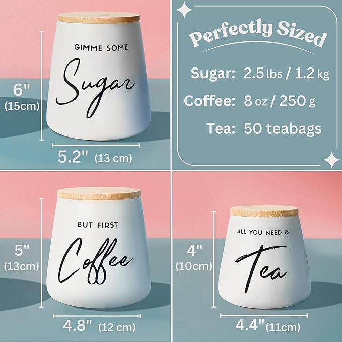 Coffee Tea and Sugar Ceramic Canister Set - 3-Piece Airtight Kitchen Canisters for Countertop - Coffee Bar Container Set-Ruum Studio Home
