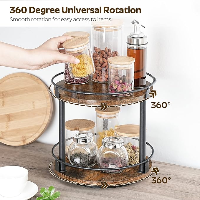 Lazy Susan Organizer, Rotating Spice Rack, 2 Tier Spice Turntable Organizer, Industrial Turntable Spice Holder, for Kitchen Countertop and Cabinet, Compact and Versatile, Rustic Brown SR22BR-Ruum Studio Home