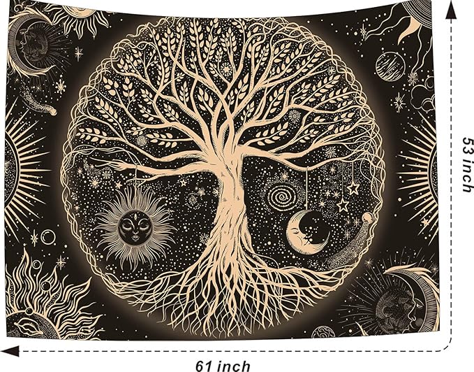 FORATER Tree of Life Tapestry Wall Hanging Sun Moon Stars Tapestries Aesthetic Galaxy Wall Tapestry Nature Home Decoration for Living Room Bedroom(53 x 61 Inch, Black and Gold)-Ruum Studio Home