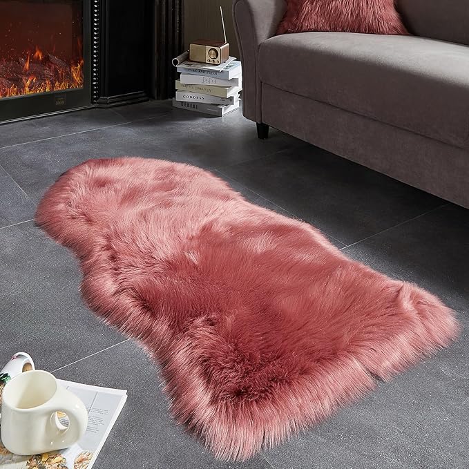 AMTOVO Faux Fur Rug, Blush Pink Area Rug, Fluffy Sheepskin Rug, Fuzzy Ultra Soft 2 x 4 ft Shag Rugs for Bedroom Sofa Throw Cushion Room Decor, Sheepskin-Ruum Studio Home
