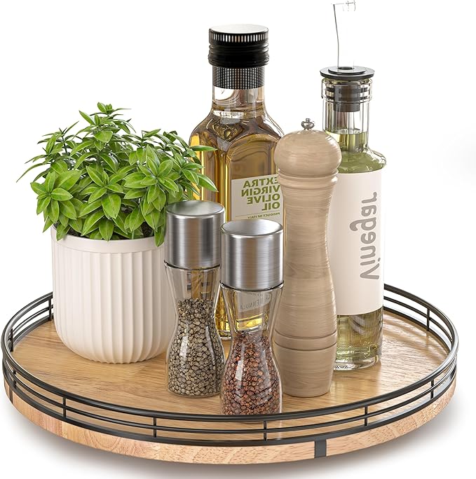 12" Lazy Susan Oak Wood Turntable Organizer for Cabinet, Farmhouse Round Wooden Lazy Susan Organization and Storage for Dining Table, Pantry, Kitchen, Bathroom, Countertop, Cupboard, Home Decor-Ruum Studio Home
