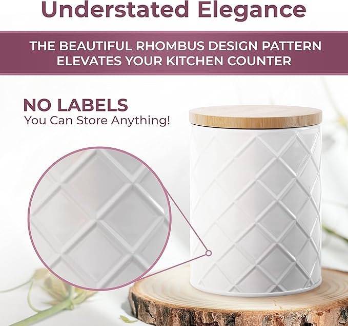 Pebble & Stem® White Metal Canister Set for the Kitchen Counter, Food Canister Set of 4, Airtight Lids, Sugar and Flour Containers for Countertops, Coffee and Tea Storage, Farmhouse Decor-Ruum Studio Home