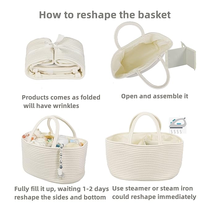 Large Baby Diaper Caddy Organizer for Girl Boy Rope Nursery Storage Bin Basket Portable Holder Tote Bag for Changing Table Car Travel Baby Shower Gifts Newborn Essentials Registry Must Haves White-Ruum Studio Home