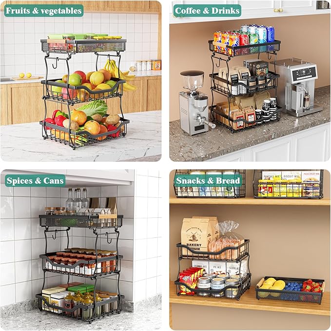 Giwil 3 Tier Countertop Fruit Mesh Basket for Kitchen, Vegetable Storage Bread Fruit Bowl Stand with 2 Banana Hooks, Wall Mounted Metal Wire Basket Organizer for Potato Onion, Black-Ruum Studio Home