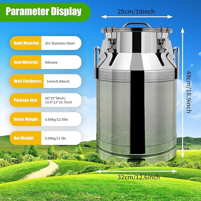 Stainless Steel Milk Can, 30L/7.9 Gallon Heavy Duty Airtight Storage Canister Milk Bucket with Lid, Embedded Silicone Milk Jug Wine Pail Water Cereals Bucket with Three Latches and Two Handles