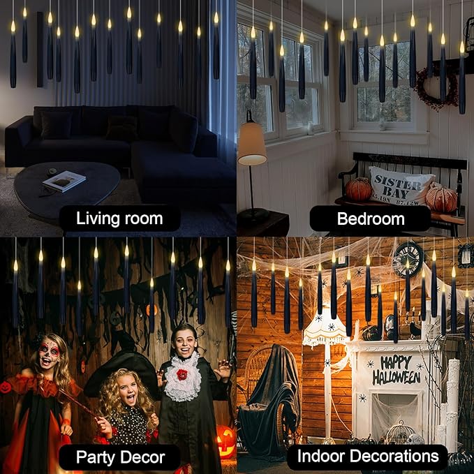 GenSwin 22pcs Flameless Floating Candle with Magic Wand Remote Timer, Battery Operated Hanging Window Candles Flickering, 6.1" LED Electric Candles for Christmas Halloween Decorations(Black)-Ruum Studio Home