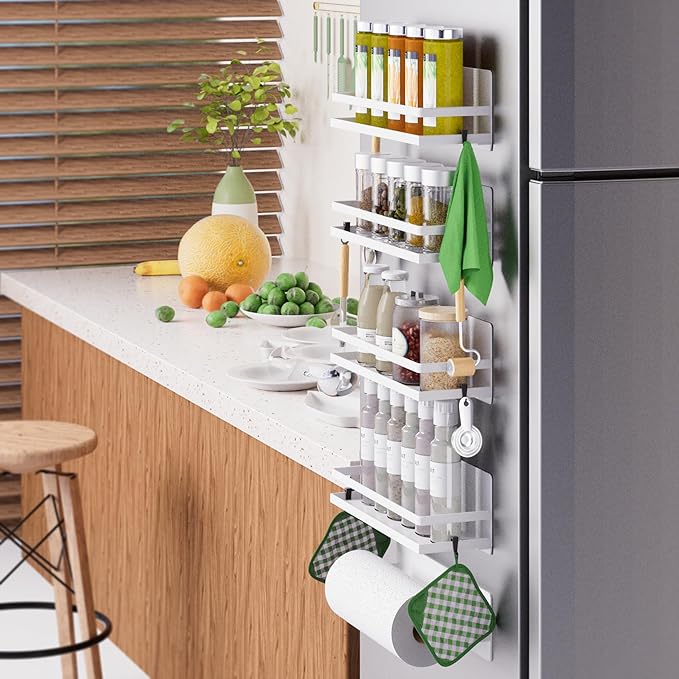 Magnetic Spice Rack for Refrigerator Moveable Magnetic Shelf Organizer with Paper Towel Holder Kitchen Refrigerator Storage Rack Fridge Magnet Organizer,White,3 Packs-Ruum Studio Home