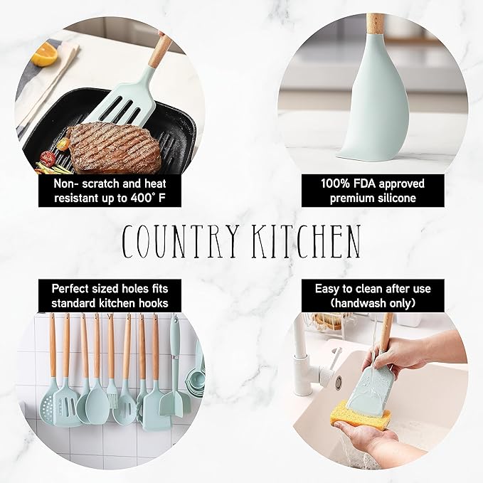 Country Kitchen Non Stick Silicone Utensil Set with Rounded Wood Handles for Cooking and Baking, 38 Piece Set, Mint-Ruum Studio Home