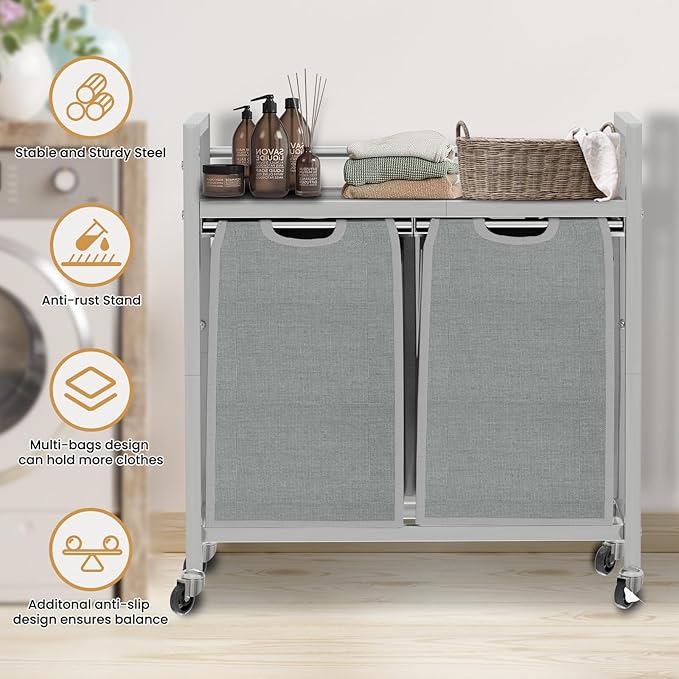 Laundry Hamper, Laundry Basket, Laundry Sorter with 3 Removable Bags, Clothes Basket with 3 Compartments, Wheels, Shelf for Laundry Room Bathroom Bedroom (2 Bags-Gray)-Ruum Studio Home