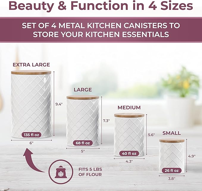 Pebble & Stem® White Metal Canister Set for the Kitchen Counter, Food Canister Set of 4, Airtight Lids, Sugar and Flour Containers for Countertops, Coffee and Tea Storage, Farmhouse Decor-Ruum Studio Home