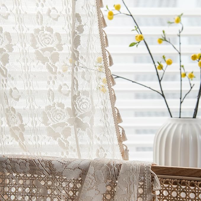 Sutuo Home Boho Kitchen Curtains Crochet Florals Embroidery, Bohemian Sheer Lace Curtains Handmade Knitted Tassels Vintage Chic Farmhouse Drape for Nursery Bedroom Rod Pocket 1 Panel 59" W x 63" L
