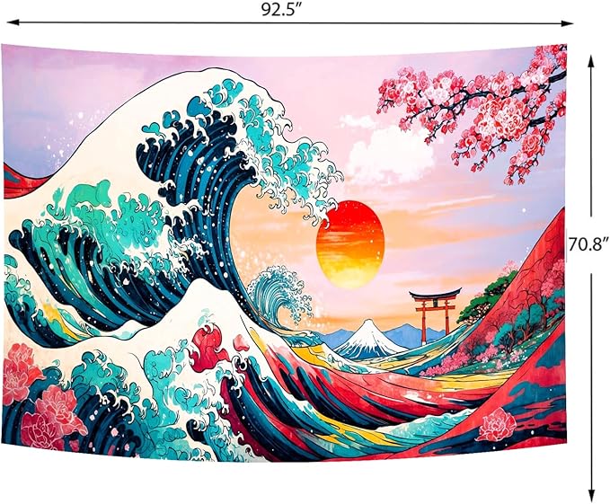 Delur Great Wave Tapestry Japanese Sunset Ocean Sea Wave Off Kanagawa Tapestry Wall Hanging Vintage Asian Anime Cherry Blossom Nature Headboard for Bedroom Living Room Home Decor (70.8" x 92.5")-Ruum Studio Home