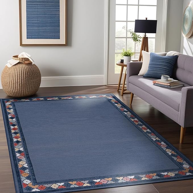 Beverly Rug Outdoor Rug 9x12 Modern Bordered Large Area Rugs for Indoor and Outdoor Patio Easy to Clean Non Shedding Living Room Porch Garden Washable Outside Carpet (9 x 12 Blue)-Ruum Studio Home