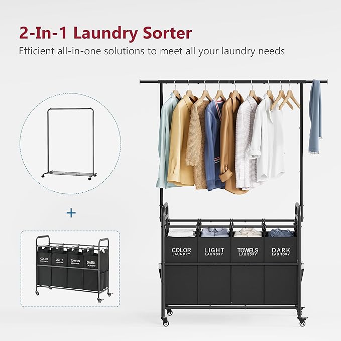 Tajsoon Laundry Sorter Cart with Hanging Clothes Rack, 4 Butler Sorter Basket Organizer, Laundry Hamper Cart with Heavy Duty Rolling Lockable Wheels, Black-Ruum Studio Home