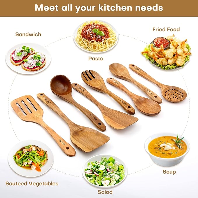 AIUHI Wood Spoons for Cooking, Nonstick Kitchen Utensil Set, Wooden Spoons Cooking Utensil Set Non Scratch Natural Teak Wooden Utensils for Cooking (Teak 8 Pack)-Ruum Studio Home