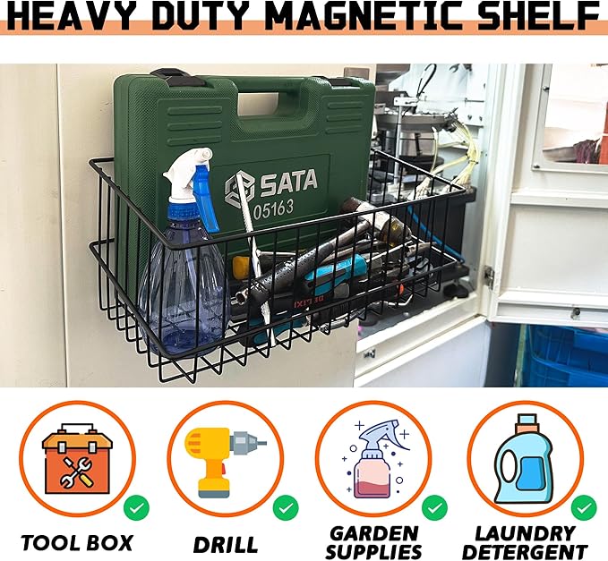 ULIBERMAGNET Magnetic Baskets, Large Capacity Metal Wire Mesh Basket Holder Organizer for Sundry Tool Storage, Magnetic Shelf for Garage, Laundry, Kitchen, Workshop, Cabinet(2 Pack)-Ruum Studio Home