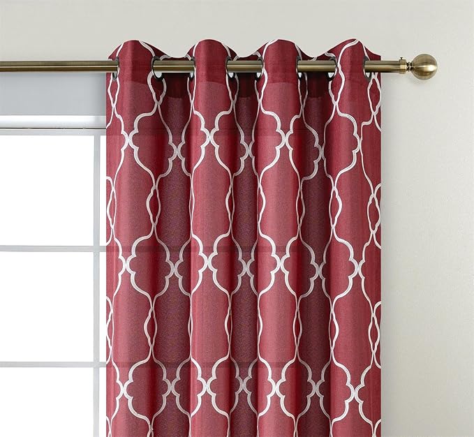 MIUCO Moroccan Embroidered Semi Sheer Curtains Faux Linen Grommet Curtains for Living Room 52 x 63 Inch 2 Panels, Burgundy-Ruum Studio Home