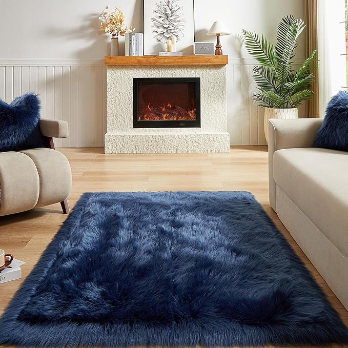 AMTOVO Faux Fur Sheepskin Rug for Living Room, 4 x 6 ft Dark Blue Fluffy Area Rug for Bedroom, Playroom, Luxury Room Decor, Rectangle-Ruum Studio Home