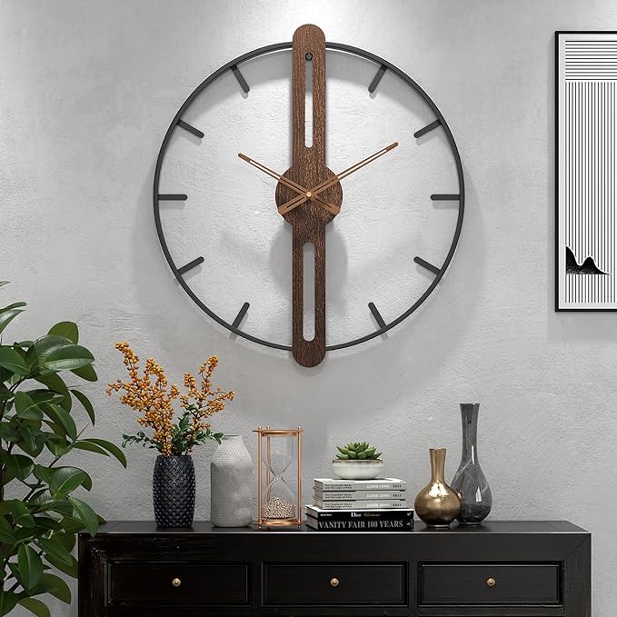 Modern Walnut Dial Wall Clock, Wood Large Wall Clock Decor Metal Frame Silent Non Ticking for Living Room, Bedroom, Kitchen, Study Decoration, Handmade Home Present Idea, 20 in (50 cm)