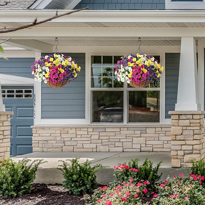 Artificial Faux Hanging Plants Flowers Basket for Spring Summer Outdoors Decoration, Fake Silk Colorful Morning Glory with Eucalyptus Look Real UV Resistant for Outside Porch Patio Balcony Garden Home-Ruum Studio Home