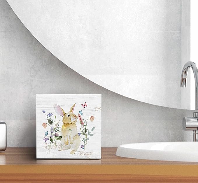 SRADMO Bunny Sign, Cute Bunny's Wood Box Sign Desk Decor, Easter Bunny Gifts for Kids, Easter Theme Wooden Block Box Sign Decoration for Home Office Shelf Table Decor-Ruum Studio Home