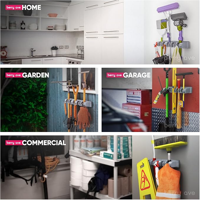 Berry Ave Broom Holder Wall Mount and Garden Tool Organizer, Closet Storage, Kitchen Rack, Home Organization and Garage Organizer for Rake or Mop Handles Up to 1.25-Inches, Hanger Plus 6 Hooks (Grey)-Ruum Studio Home