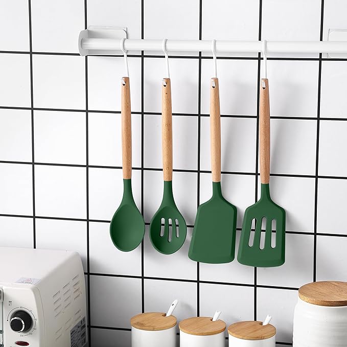 Country Kitchen Non Stick Silicone Utensil Set with Rounded Wood Handles for Cooking and Baking, 14 Piece Set, Green-Ruum Studio Home