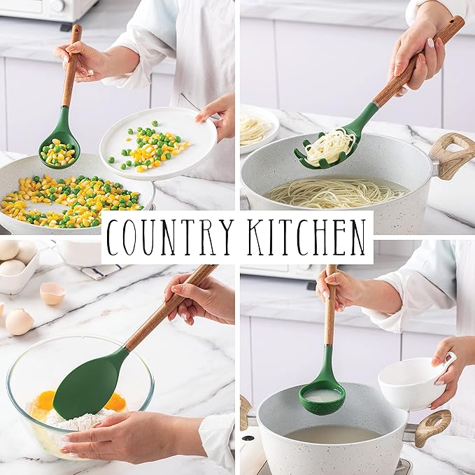 Country Kitchen Non Stick Silicone Utensil Set with Rounded Wood Handles for Cooking and Baking, 8 Piece Set, Green-Ruum Studio Home
