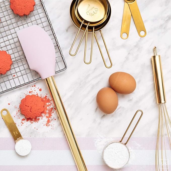 Gold and Pink Kitchen Utensil Set with Holder - 7-Piece Cooking Tools with Gold Whisk, Ladle, Tongs, Turner, Spatula, and Spoon - Stylish Pink Kitchen Accessories for Modern Cooking & Serving-Ruum Studio Home