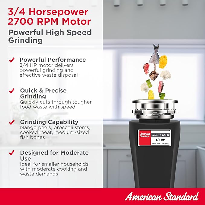 American Standard 10-US-AS-7-SL Garbage Disposal Anti-Jam Stainless Steel Food Waste Grinding System, Slim Line, 3/4 HP, Black-Ruum Studio Home