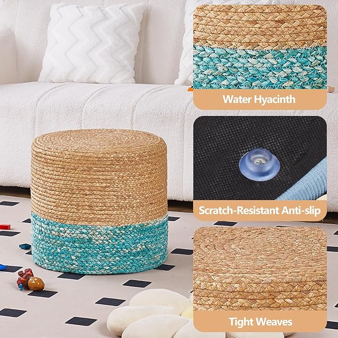 Wimarsbon 18'' Ottoman Pouf, Natural Braided Poof, Rustic Handweave Lounge Pouffe, Boho Footrest Stool for Bedroom, Accent Table for Living Room (Natural Water Hyacinth + Lake Blue Corn Husk)-Ruum Studio Home