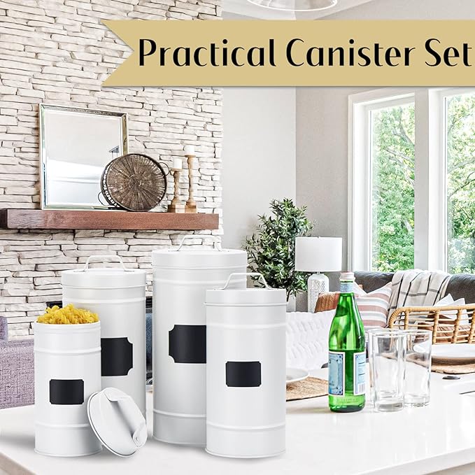 Farmhouse Canister Set for Kitchen Countertop, Airtight Nesting Kitchen Canisters Set of 4, Mental Flour Sugar Coffee Tea Storage Canister Jars, Vintage Country Design, White-Ruum Studio Home