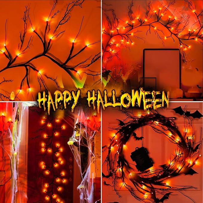 9 FT 72LED Halloween Willow Vine Twig Decor Branches Garland with Lights - 8 Modes Timer - Waterproof Battery Operated for Indoor Wall Fireplace Halloween Decorations-Ruum Studio Home