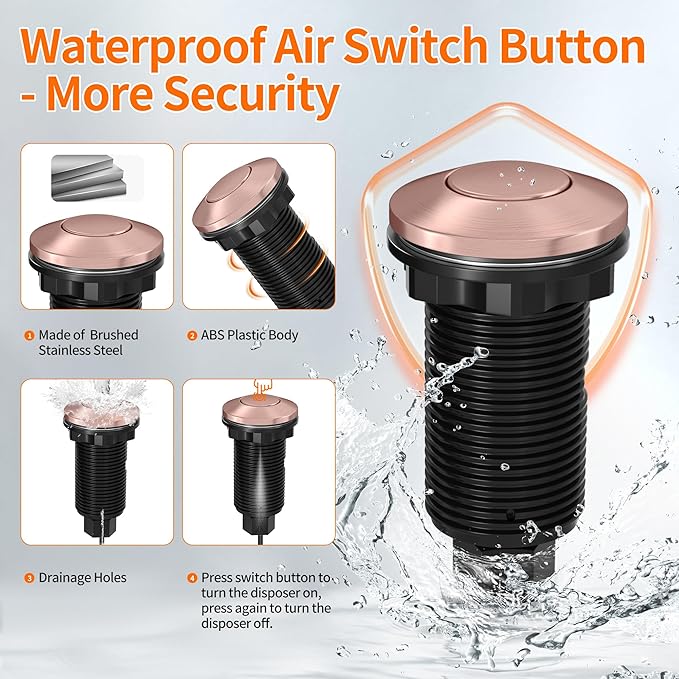 Joinfworld Garbage Disposal Air Switch Kit Waterproof Garbage Disposal Button Kit with Long Garbage Disposal Switch Copper - UL Listed-Ruum Studio Home