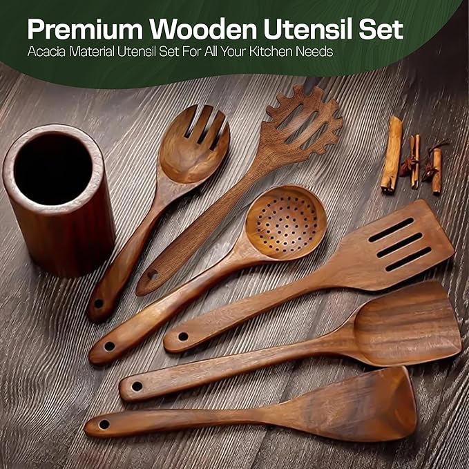 Wooden Spoons for Cooking Set of 10 - Cooking Utensils with Spoon Rest & Holder – Comfortable Grip & Easy to Clean - Wooden Spoon Set for Kitchen with four Hanging Hooks-Ruum Studio Home