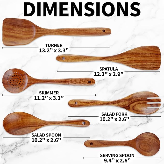 Zulay Kitchen 6-Piece Wooden Cooking Spoons Set – Heat-Resistant, Smooth Teak Utensils with Comfort Grip – Lightweight & Durable – Easy to Clean, Perfect for Non-Stick Cookware-Ruum Studio Home