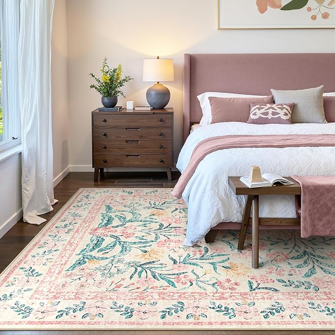 Wonnitar Floral Large Rugs for Living Room, Soft Light Pink Rug Washable 9x12 Carpet Non Slip, Boho Foldable Non-Shedding Kids Carpet for Bedroom Girls Nursery Dorm Playroom-Ruum Studio Home