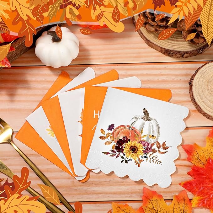 150 Pcs 5 x 5 Inches Fall Thanksgiving Paper Napkins Autumn Pumpkin Scalloped Cocktail Napkins for Decoupage Disposable Autumn Harvest Party Supply Bathroom Table Dessert Dinner Wedding Decor
