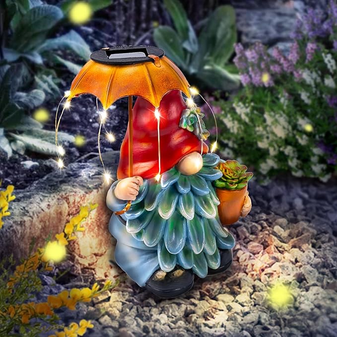Solar Outdoor Statues Gnome Garden Decor, Garden Gnome with Solar LED Umbrella Decorative for Patio, Balcony, Lawn, Yard Ornament - Unique Gardening Gifts for Mom Grandma-Ruum Studio Home