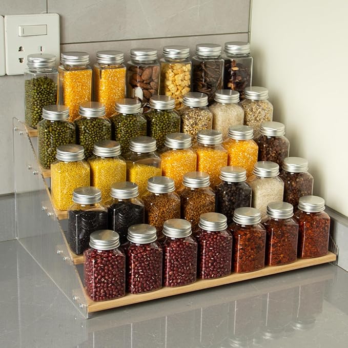 nianfeng Tiered Spice Rack, 5-Tier Spice Pantry Kitchen Cabinet Organizer, 16-Inch, Natural Wood Acrylic Stair Riser Stand, Countertop Seasoning Shelf-Ruum Studio Home