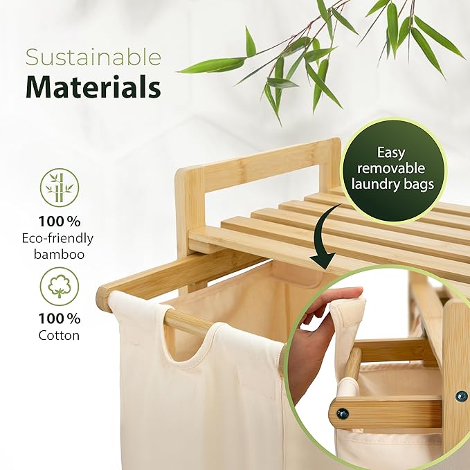 Laundry Hamper 3 Section beige - Large Bamboo Laundry Sorter with Removable Cotton Bags -Three Compartment Organizer for Clothes - Durable, Eco-Friendly, and Stylish Storage Solution for Home-Ruum Studio Home