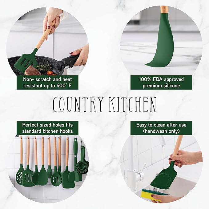 Country Kitchen Non Stick Silicone Utensil Set with Rounded Wood Handles for Cooking and Baking, 38 Piece Set, Green-Ruum Studio Home