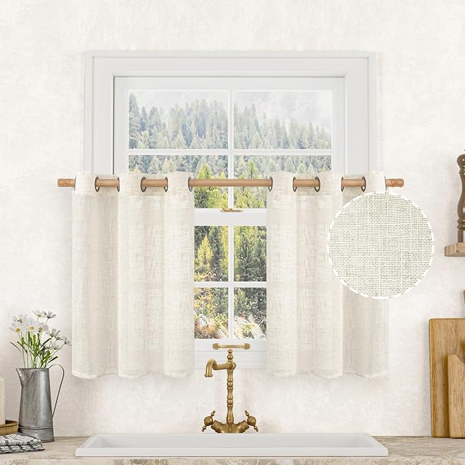 LAMIT 30 Inch Cafe Linen Curtains for Small Window, Cream Ivory Semi Sheer Light Filtering Short Curtains Bronze Grommet Neutral Drapes for Bathroom/Basement, 2 Panels, Natural, 34 x 30 Inch-Ruum Studio Home