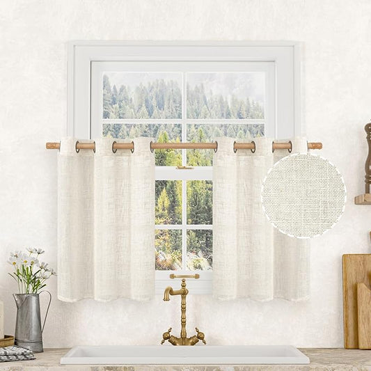 LAMIT 30 Inch Cafe Linen Curtains for Small Window, Cream Ivory Semi Sheer Light Filtering Short Curtains Bronze Grommet Neutral Drapes for Bathroom/Basement, 2 Panels, Natural, 34 x 30 Inch-Ruum Studio Home