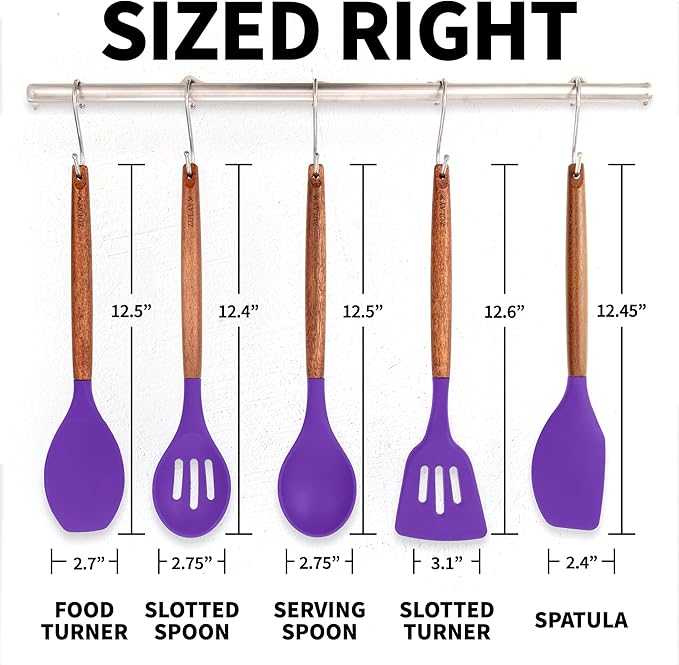 Zulay Kitchen Non-Stick Cooking Utensils Set with Authentic Acacia Wood Handles – 5-Piece Durable & Stylish Silicone Kitchen Utensils Set – Heat Resistant to 464°F – Purple-Ruum Studio Home