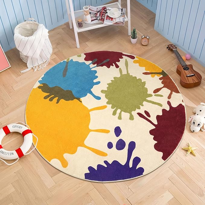 STARUIA Art Round Rug for Playroom, 4'x4' Colorful Kids Rug for Nursery, Non-Slip Small Circle Rugs for Kids Room, Machine Washable Bedroom Rugs Soft Circular Office Carpet for Preschool Dorm-Ruum Studio Home