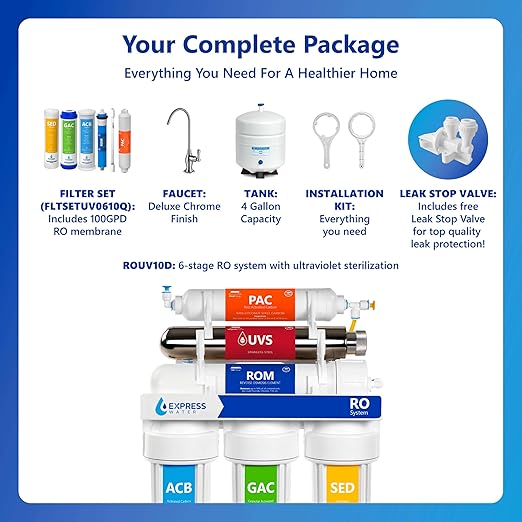 Express Water Ultraviolet Reverse Osmosis Water Filtration System – 6 Stage RO UV Water Filter with Faucet and Tank – UV Under Sink Water Filter – 100 GPD-Ruum Studio Home