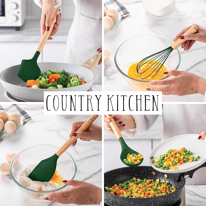 Country Kitchen Non Stick Silicone Utensil Set with Rounded Wood Handles for Cooking and Baking, 14 Piece Set, Green-Ruum Studio Home