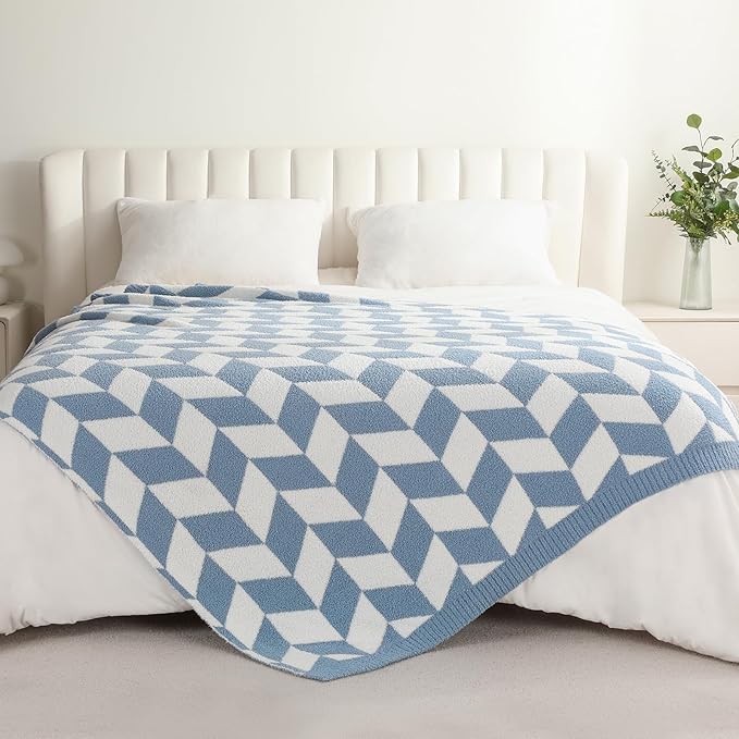 Snuggle Sac Twin Size Blue Blankets for Bed, Super Soft Warm Blankets Oversized Cozy Knit Fuzzy Blanket for Living Room, Chevron Blue,60x80 inches-Ruum Studio Home